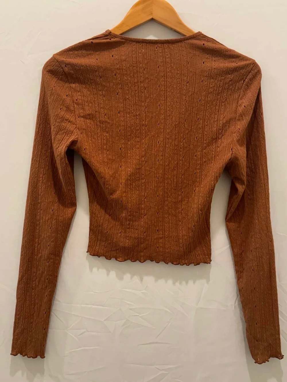 Zara Woman Ribbed Rust-Brown Cropped Button V‑Neck Cardigan XS